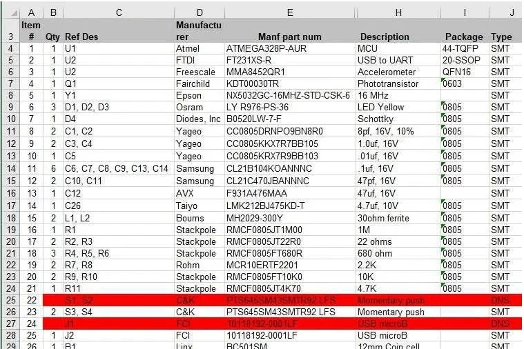 Electronic components list with highlighted item for a momentary push button switch